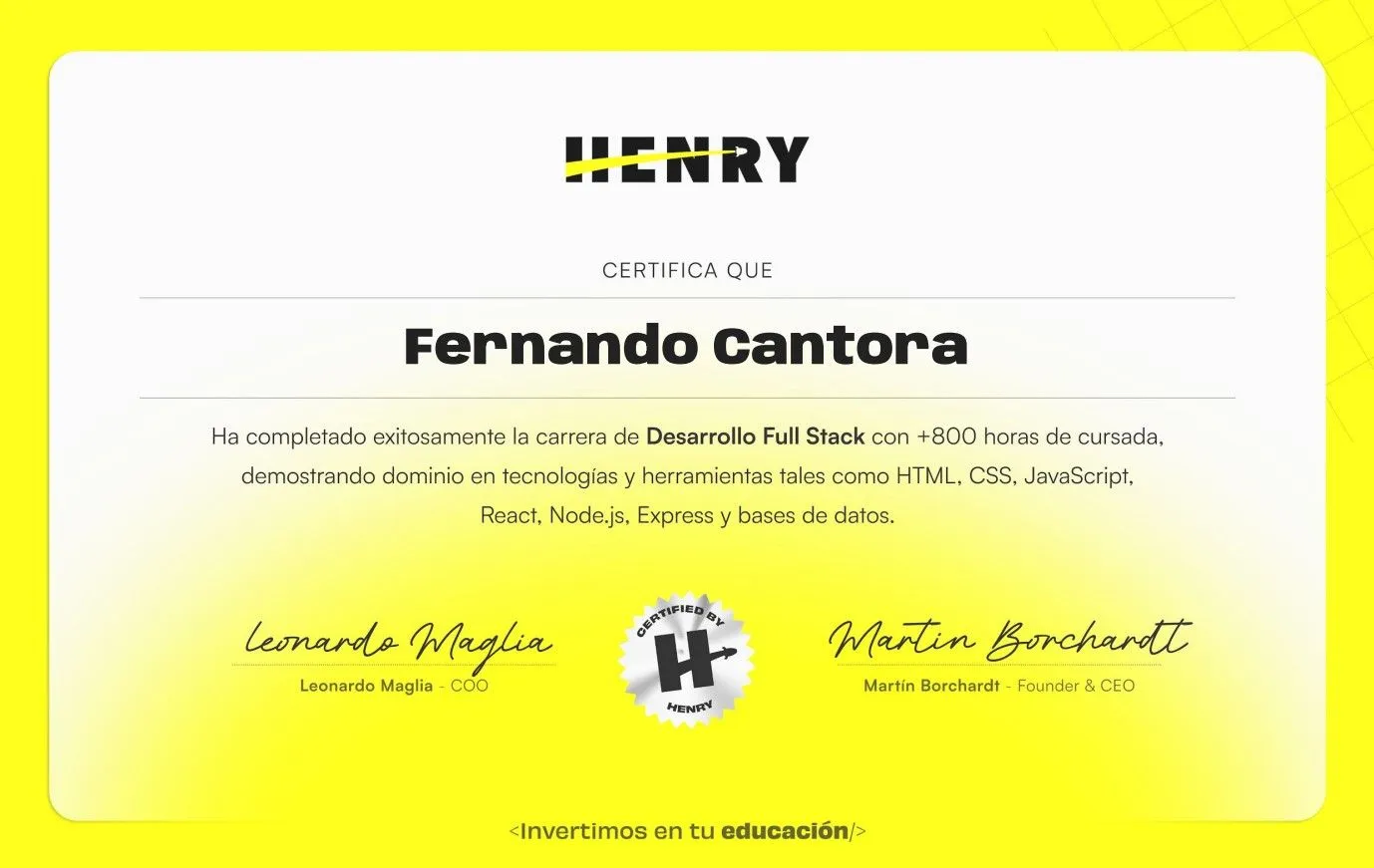 View Henry certificate